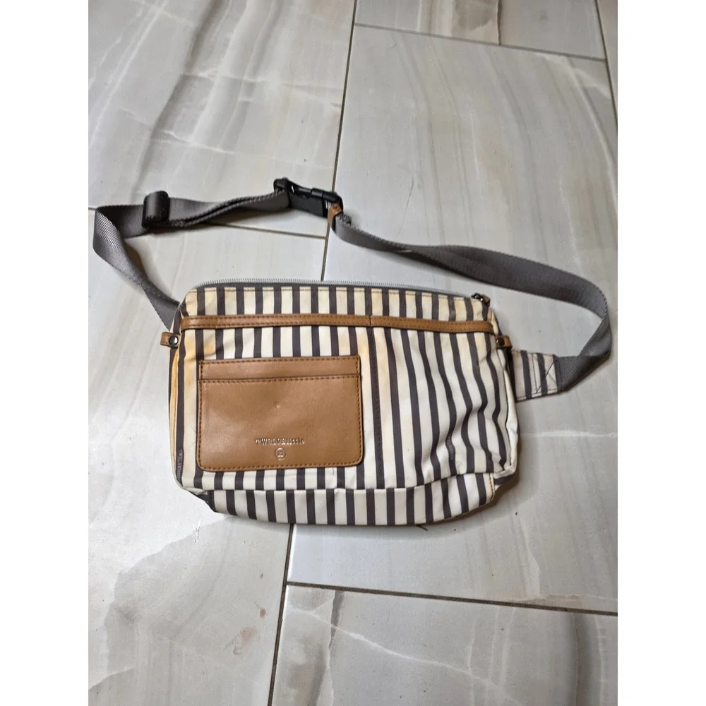 TwelveLittle Stripe Fanny Pack Waist Bag Nylon Tan Cream Brown‎ Adjustable Strap